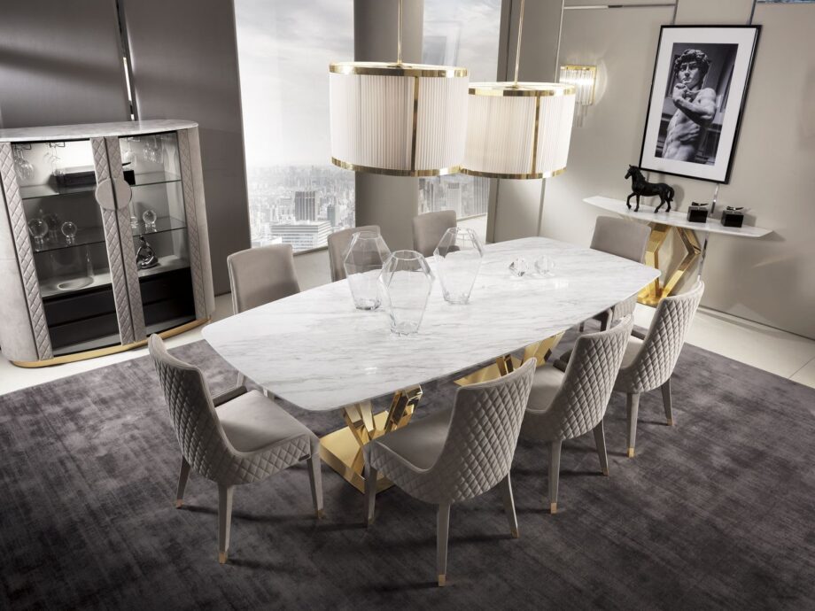Ritz table | DV home. Exquisite Art Deco dining table with geometric metal base and luxurious marble or wood top.