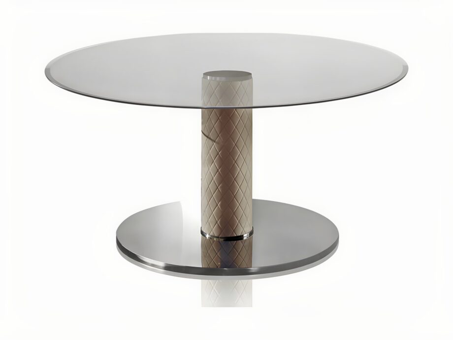 Adler Round table | DV home. Exquisite round table blending Art Deco luxury with modern design, featuring a leather-clad column and choice of premium tops.