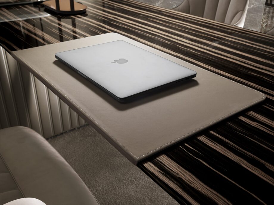 Elite writing desk | DV home. Luxurious Art Deco writing desk with stainless steel, leather, and fine wood finishes, offering sophisticated storage solutions.