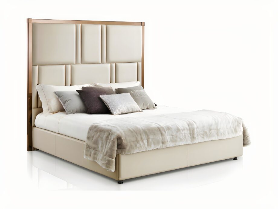 Elite bed | DV home. Elegant bed featuring a high tufted headboard and sophisticated metallic accents, creating an ambiance of luxury and comfort.