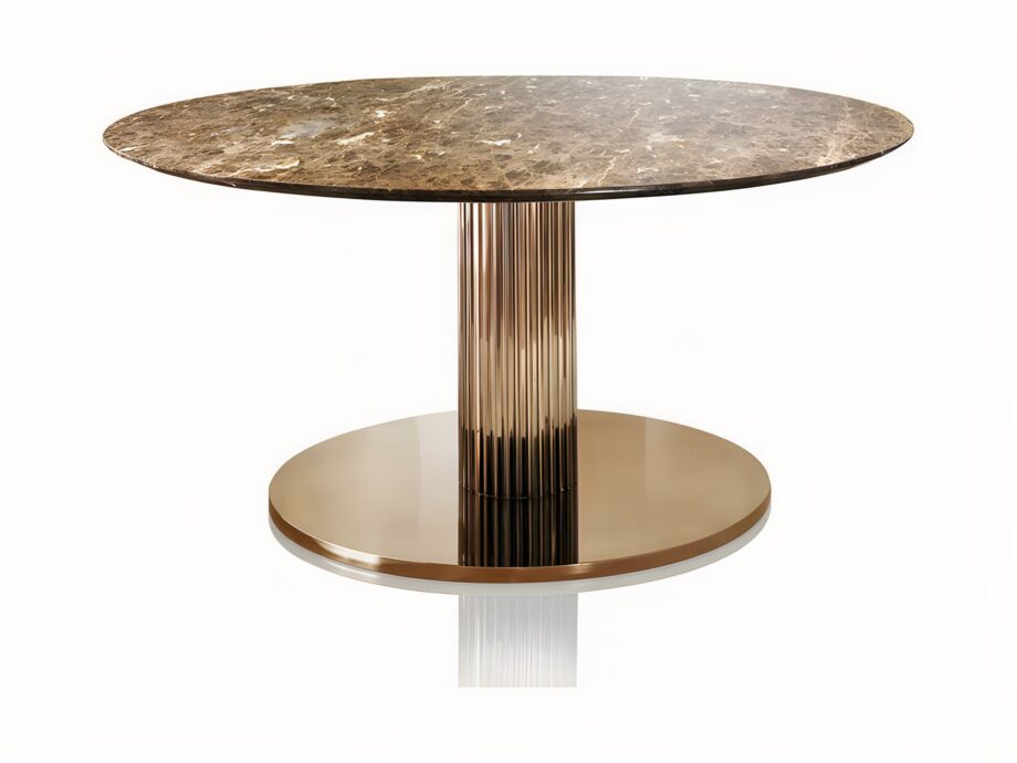Douglas Round table | DV home. An iconic round table featuring a fluted metal base and a choice of luxurious marble or lacquered wood tops, epitomizing Italian luxury design.