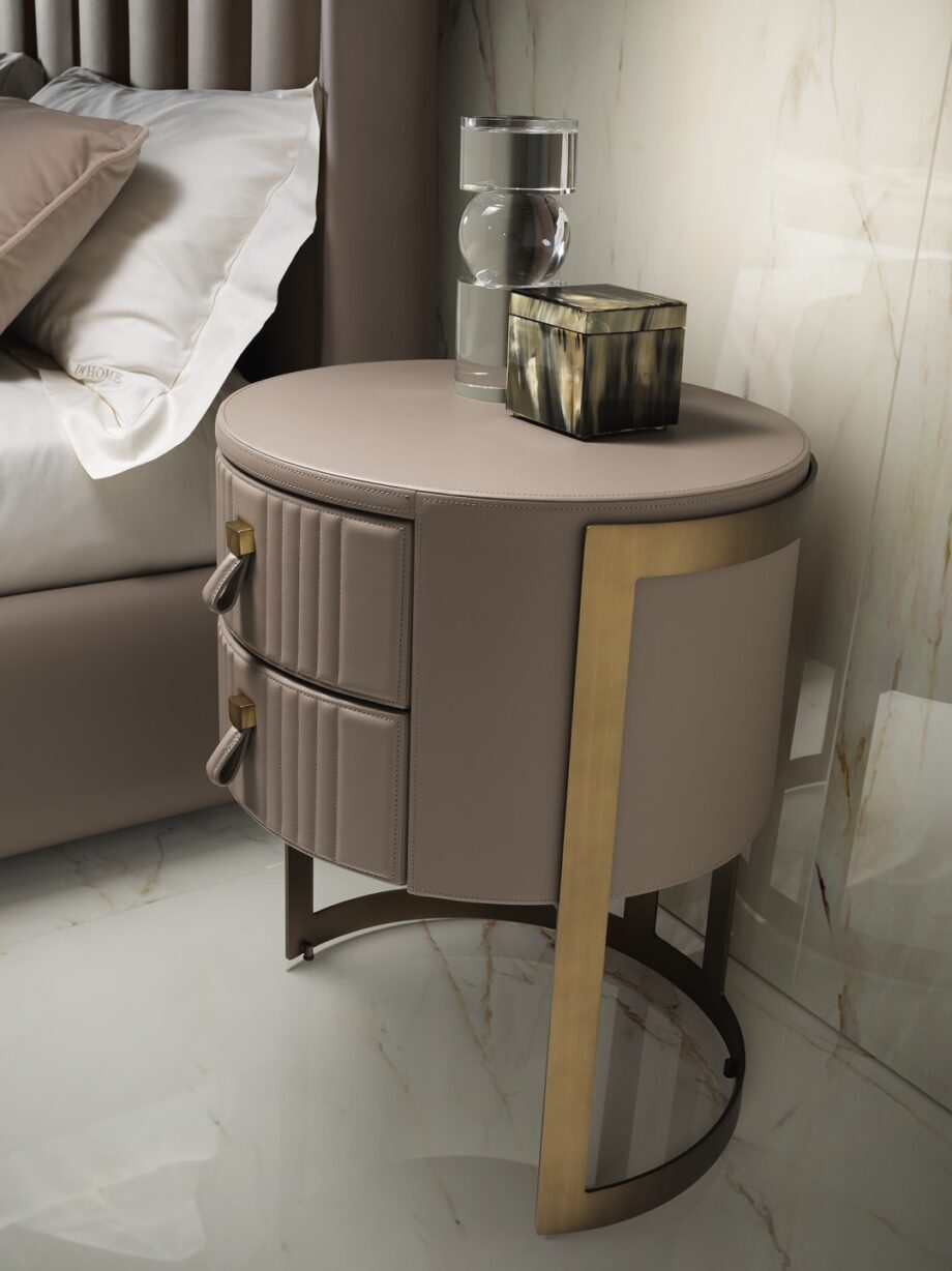 Byron Prince bedside table | DV home. Exquisite Art Deco bedside table featuring leather upholstery, a steel base, and Blumotion drawers.
