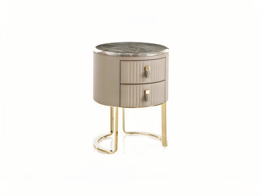 Soho bedside table | DV home. Luxurious Art Deco bedside table with a round leather top and elegant antique bronze steel base.