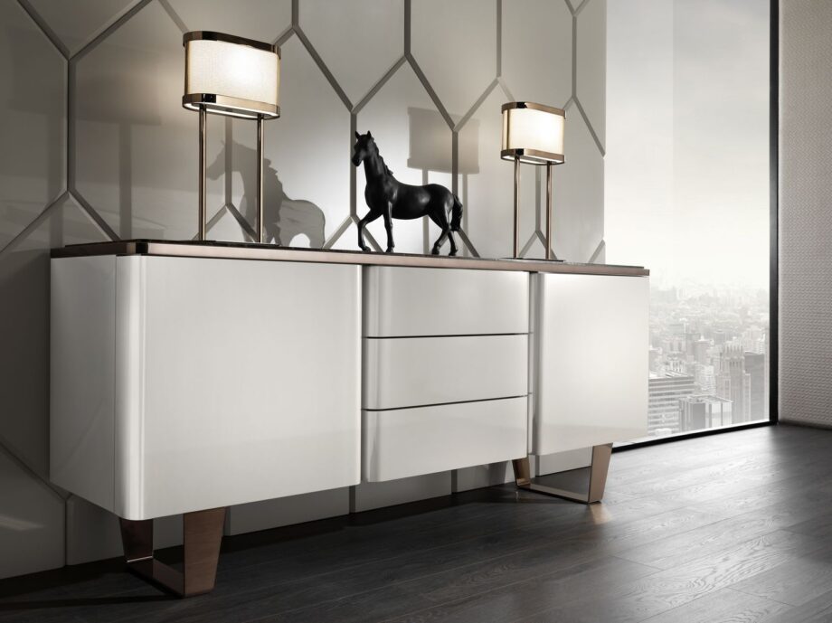 Elite sideboard | DV home. Luxurious Art Deco and Contemporary buffet with fluted design, premium leather/lacquer finishes, marble/walnut top, and stainless steel accents.