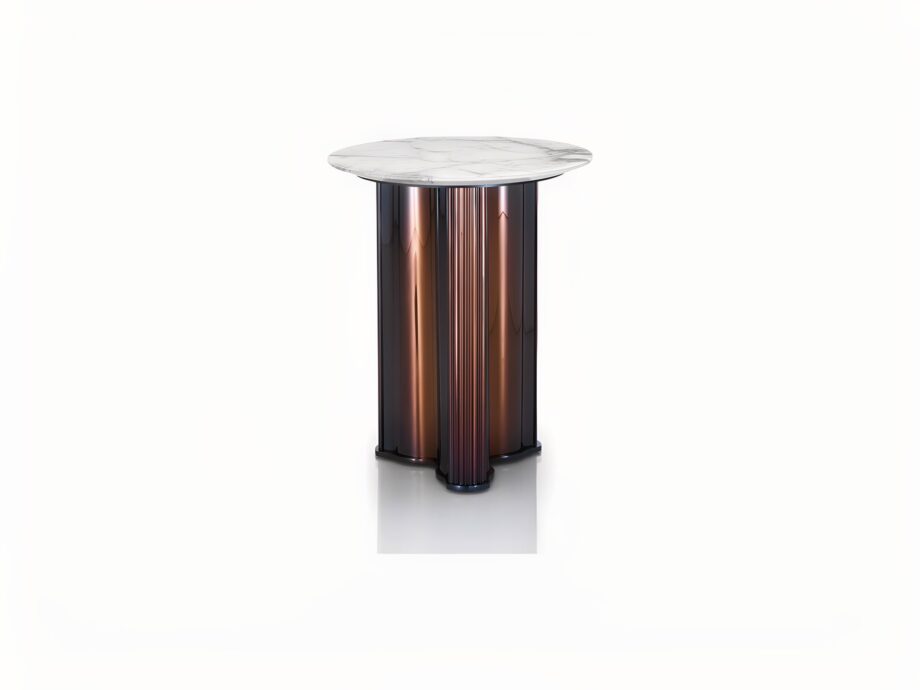 Manhattan coffee table | DV home. An exquisite Art Deco lamp table blending luxurious marble/wood tops, leather columns, and polished metal for a sophisticated statement.