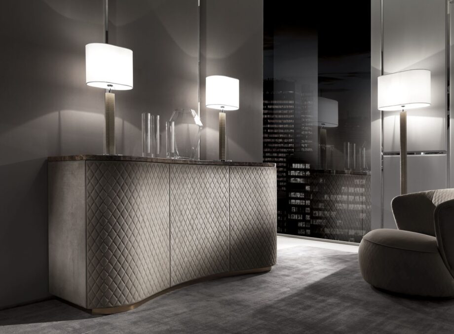 Form Plus sideboard | DV home. Exquisite buffet with curved forms, quilted leather doors, and a luxurious marble top.