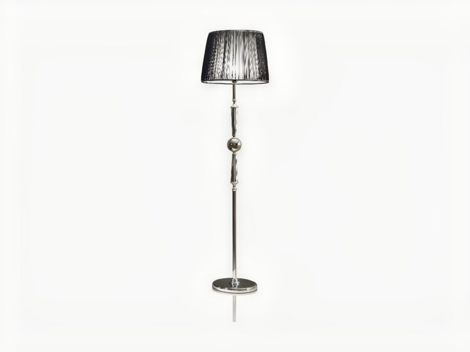 Douglas floor lamp | DV home. An exquisite Art Deco floor lamp with polished brass and chrome accents, featuring a luxurious fabric shade, perfect for sophisticated interiors.