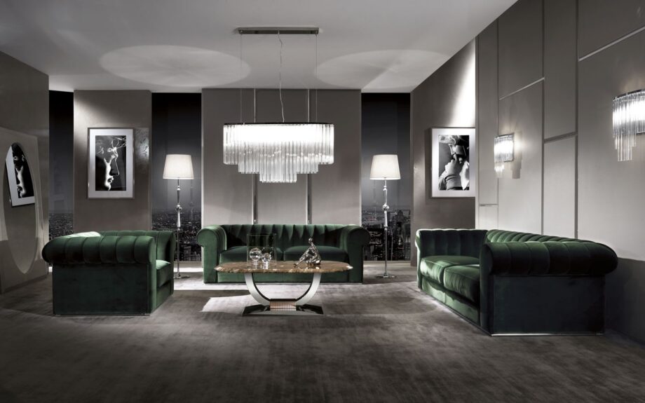 Hermes chandelier | DV home. Exquisite chandelier with polished chrome finish and natural crystals, creating a striking illumination.
