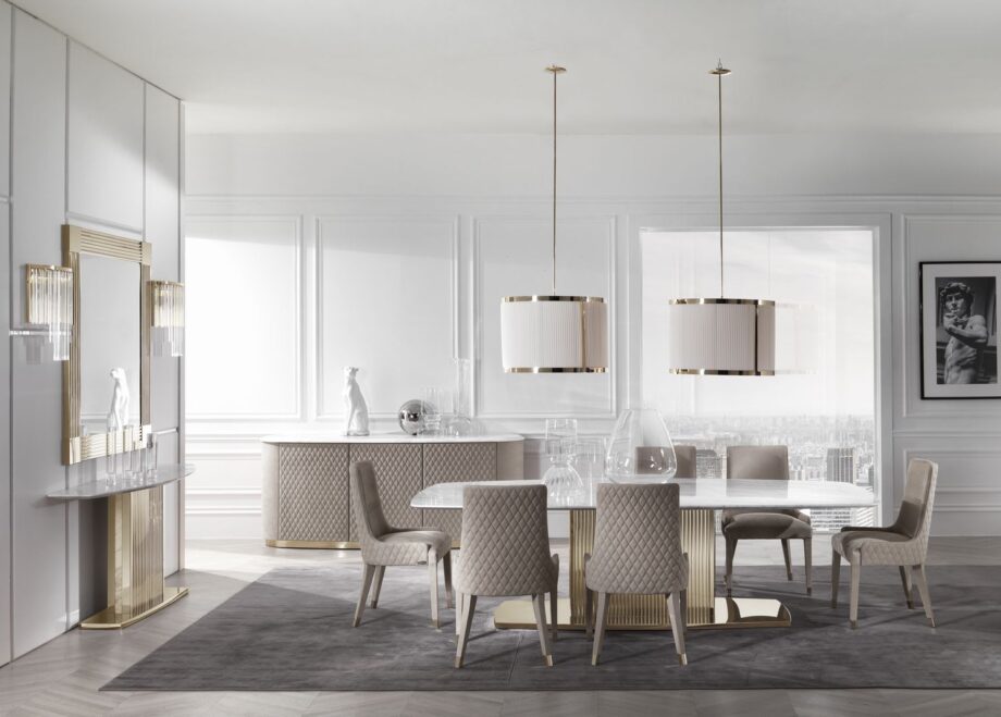 Windsor table | DV home. Luxurious Art Deco dining table with a fluted stainless steel base and exquisite marble or lacquered wood top.