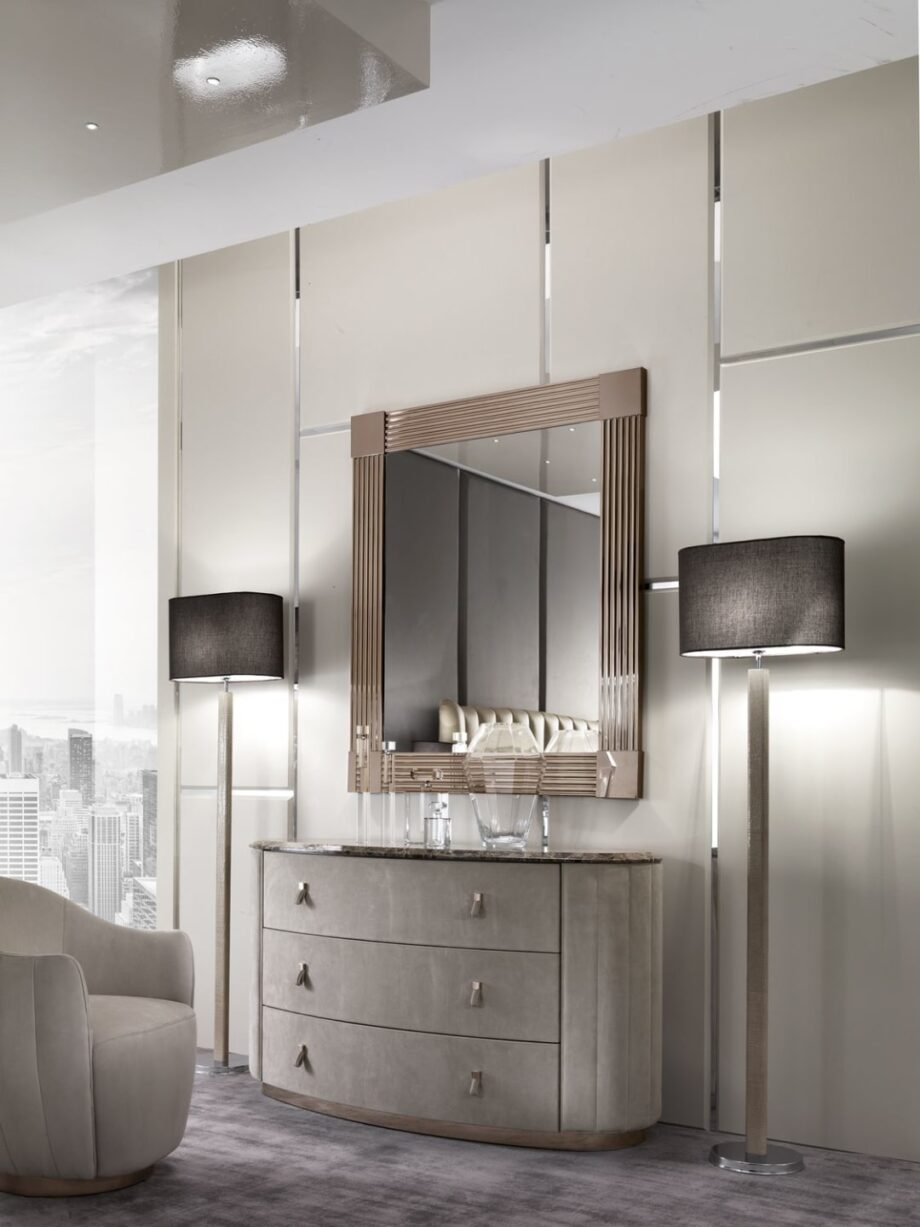 Adler floor lamp | DV home. Elegant floor lamp with a metal structure covered in alligator leather, chrome base, and a fabric shade, embodying luxury and contemporary design.