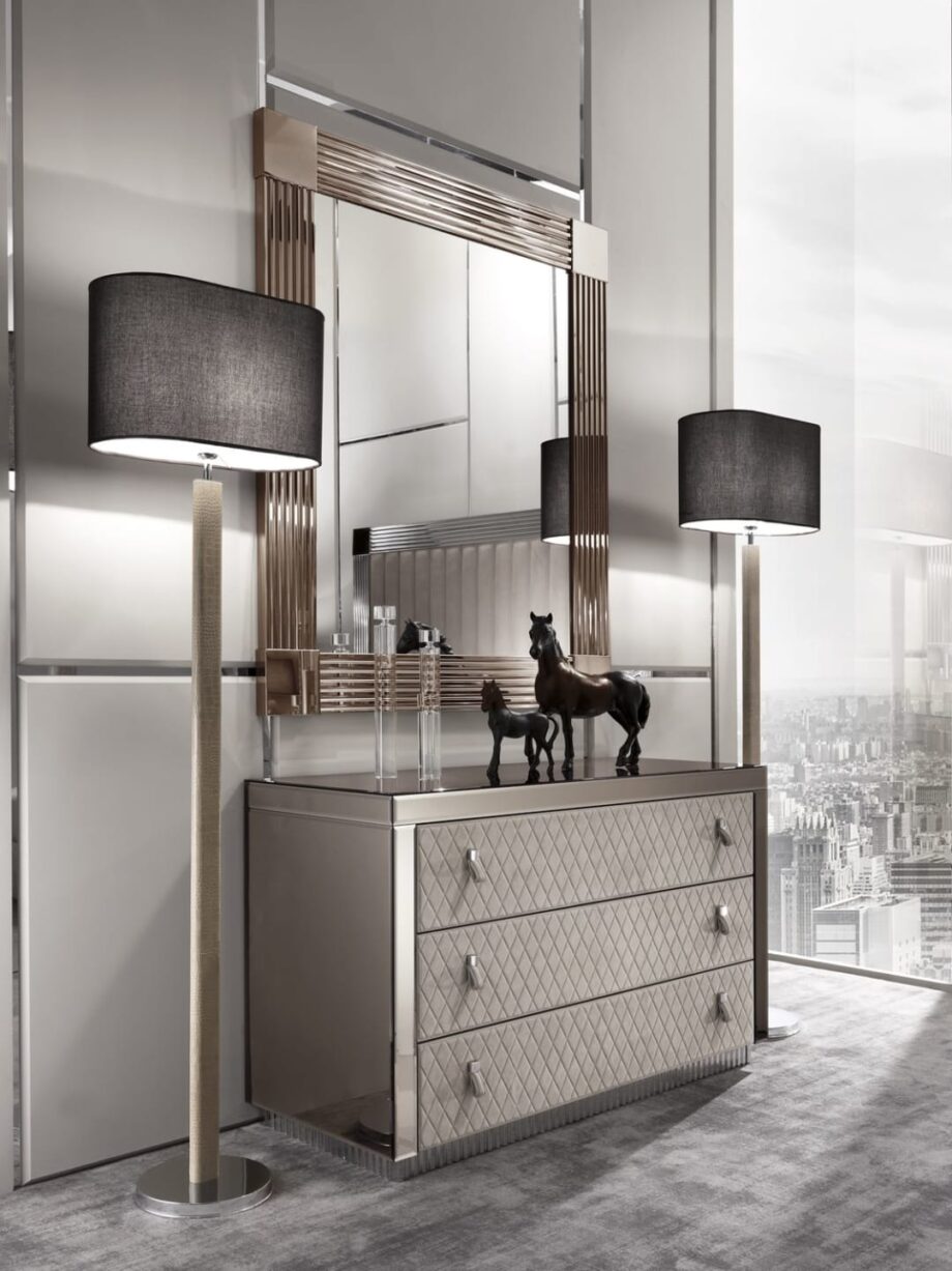 Adler floor lamp | DV home. Elegant floor lamp with a metal structure covered in alligator leather, chrome base, and a fabric shade, embodying luxury and contemporary design.