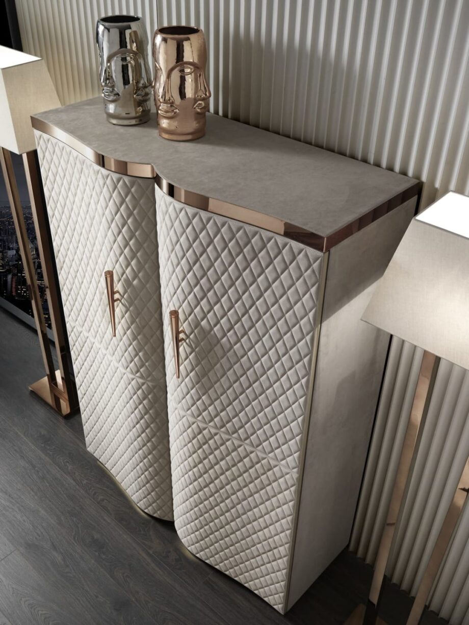 Form bar cabinet | DV home. Luxurious Art Deco cabinet with integrated lighting, mirrored interior, and convenient internal drawers.