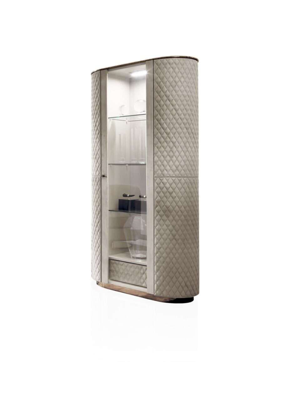 Charlotte display cabinet | DV home. Elegant display case with quilted sides, crystal shelves, integrated lighting, and soft-close drawer.