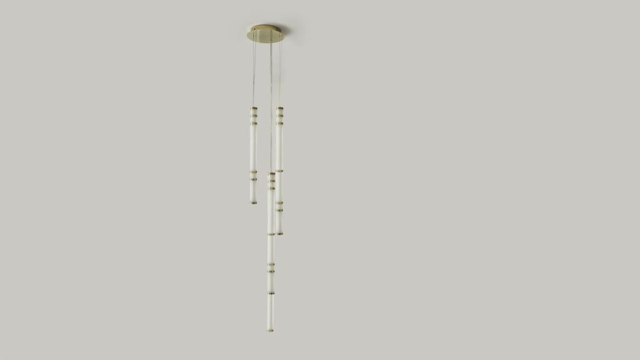 Atrium chandelier | Rugiano. Exquisite pendant lamps crafted from polished brass and satin glass, featuring linear and modular forms.