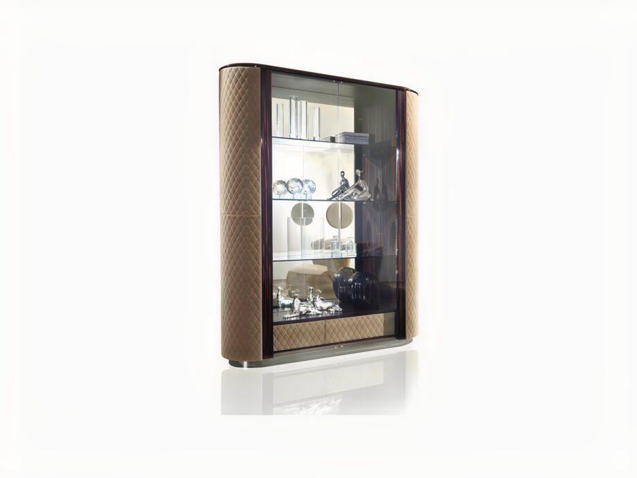 Charlotte display cabinet | DV home. Luxury Art Deco display cabinet with quilted leather, crystal shelves, integrated lighting, and stainless steel base.