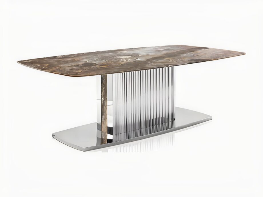 Windsor table | DV home. Luxurious Art Deco dining table with a fluted stainless steel base and exquisite marble or lacquered wood top.