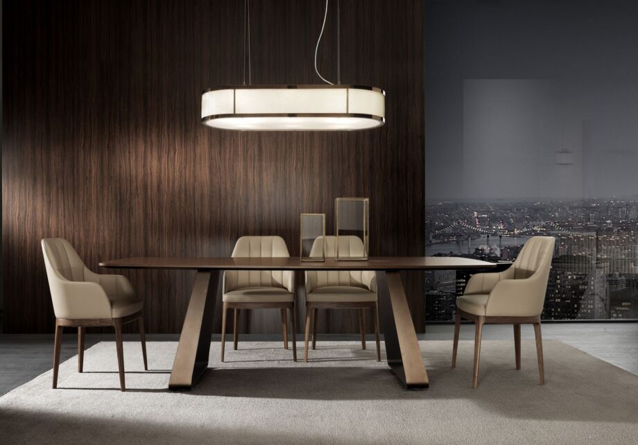 Elite table | DV home. Exquisite dining table with a metal base and wood or marble top, crafted in Art Deco style.