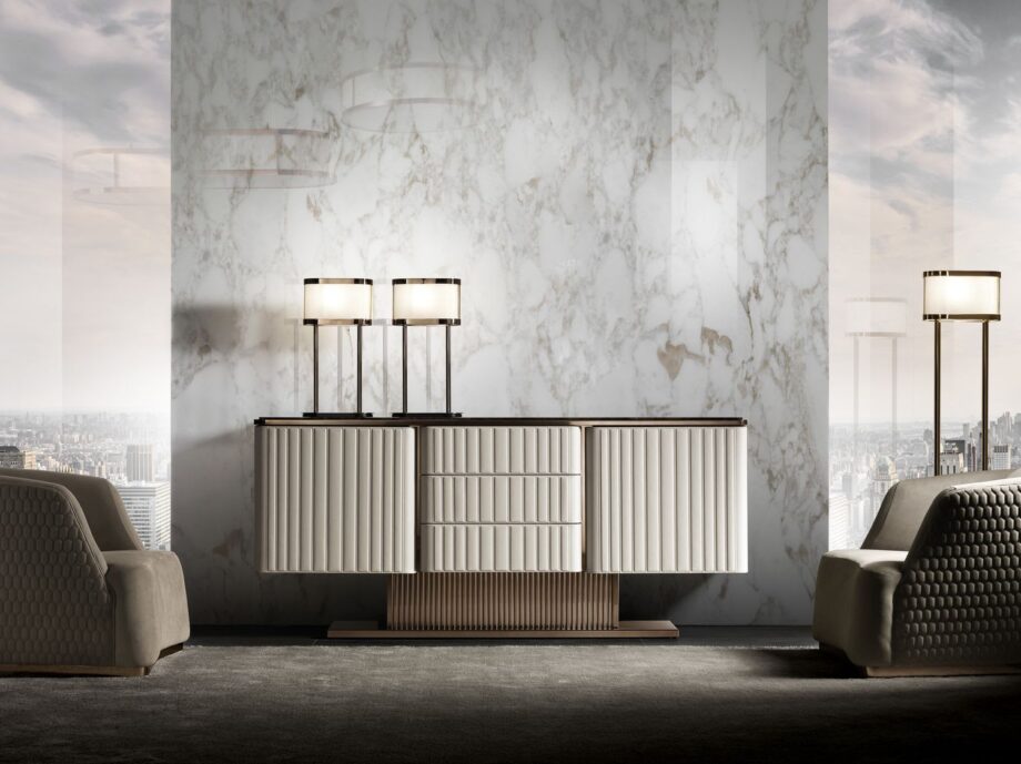 Elite sideboard | DV home. Luxurious Art Deco and Contemporary buffet with fluted design, premium leather/lacquer finishes, marble/walnut top, and stainless steel accents.