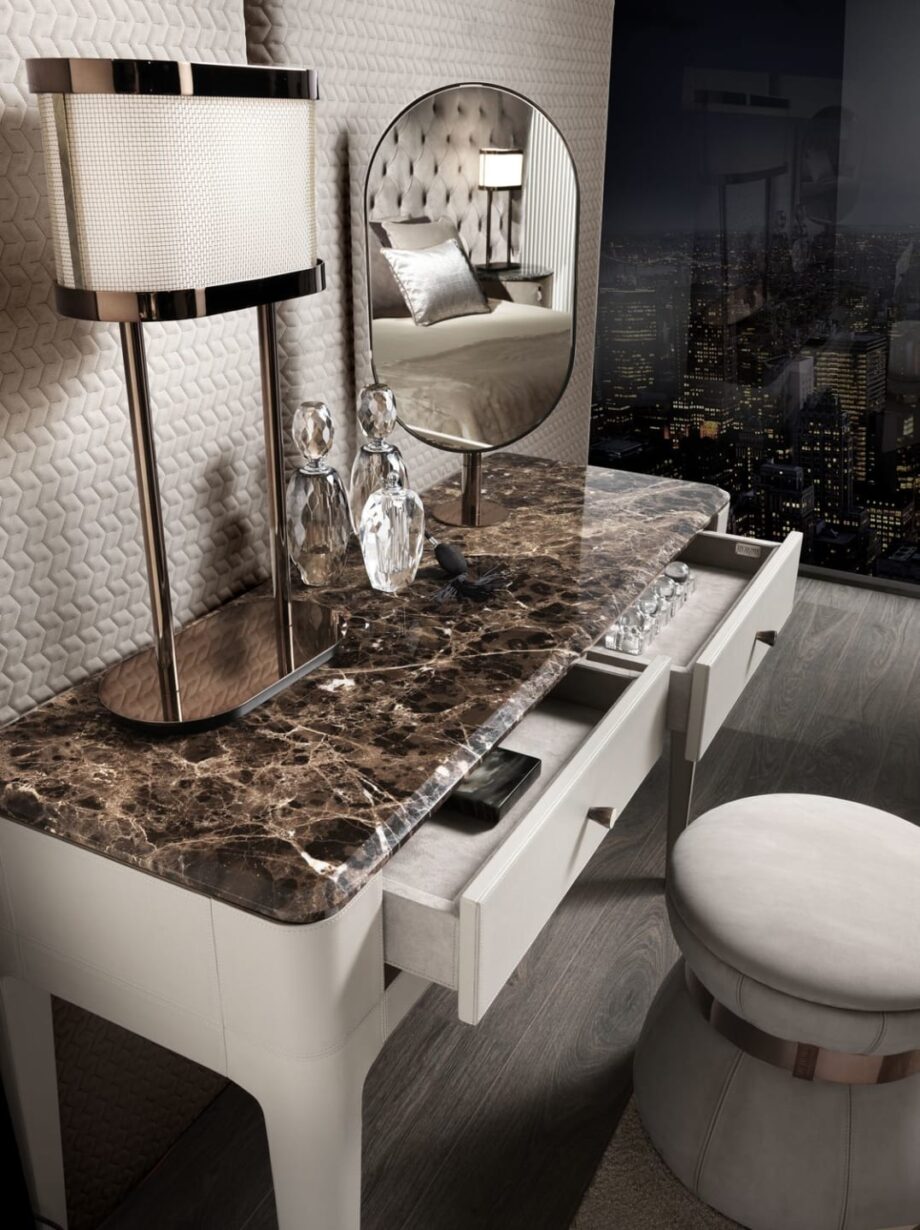 Elite dressing table | DV home. Exquisite Art Deco console featuring a luxurious marble top and two practical soft-closing drawers.