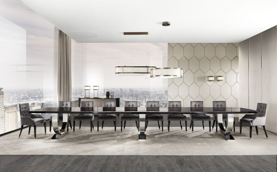 Hermes Suite table | DV home. Grand Art Deco-inspired table with a striking stainless steel base and luxurious lacquered or wood veneer top.