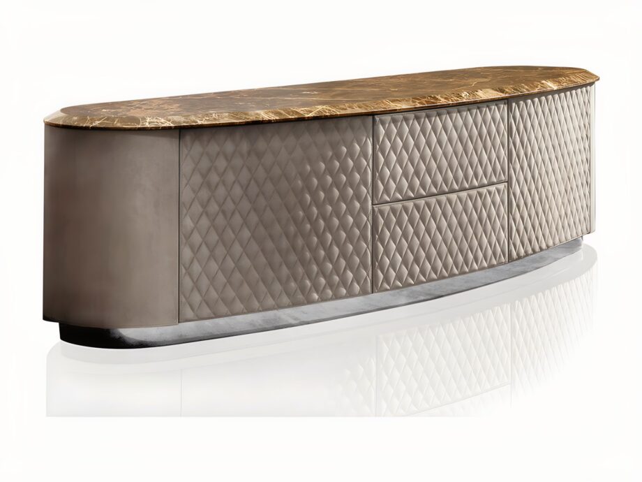 Vogue tv furniture | DV home. Luxurious Art Deco TV unit with curved design, quilted leather/lacquered finishes, marble/veneer top, and soft-close drawers.