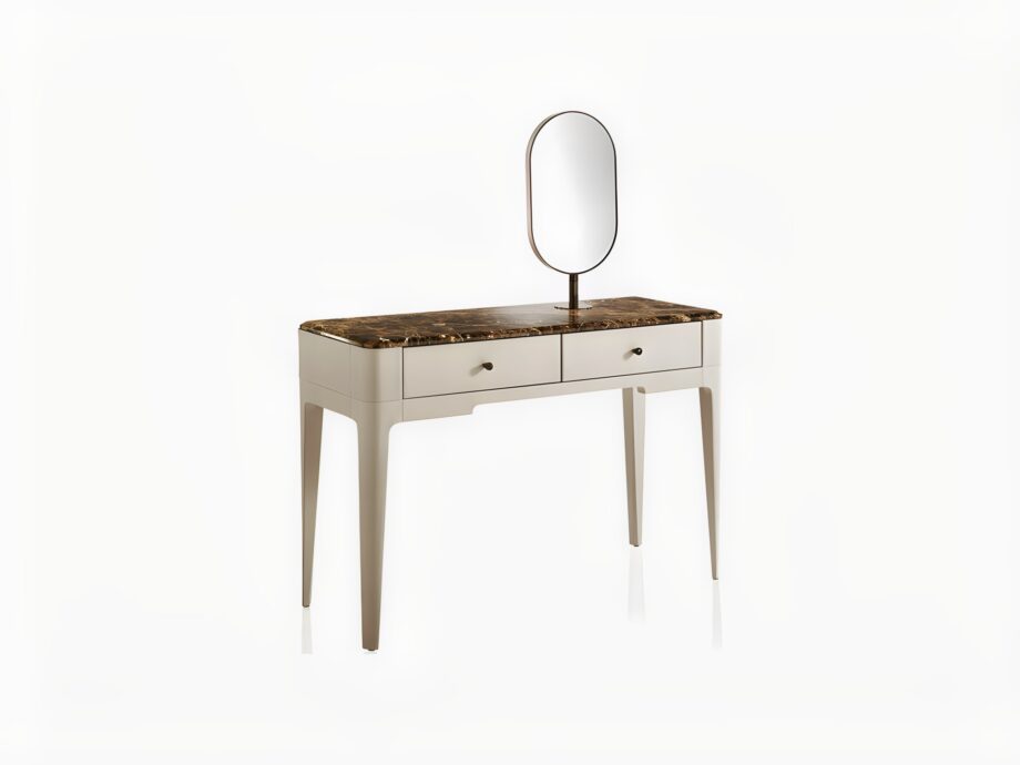 Elite dressing table | DV home. Exquisite Art Deco console featuring a luxurious marble top and two practical soft-closing drawers.