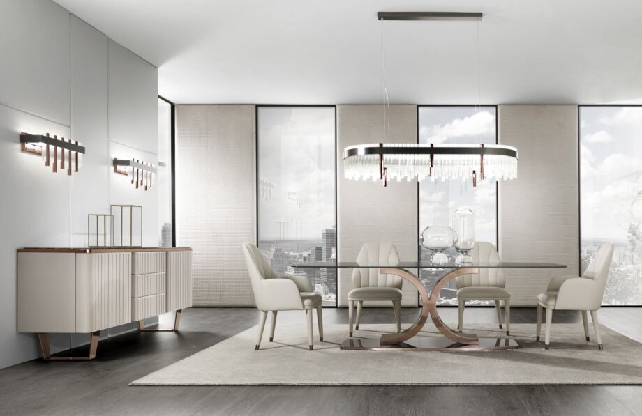Elite Plaza chandelier | DV home. A luxurious Art Deco chandelier featuring a satin black nickel structure, hexagonal metal columns, and transparent cannetè glass.