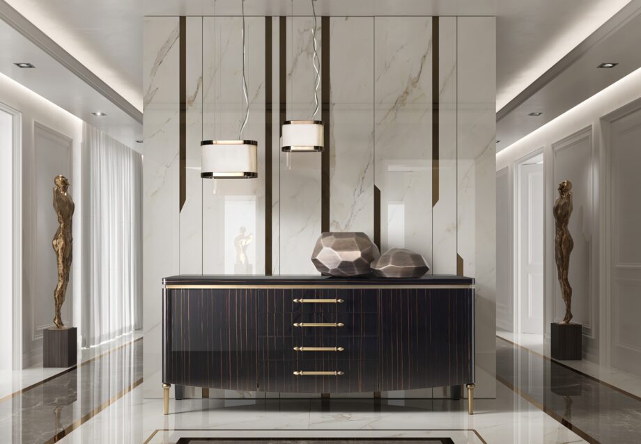Egoist sideboard | DV home. Luxurious Art Deco sideboard with lacquered wood, polished metal accents, crystal shelves, and soft-close drawers.