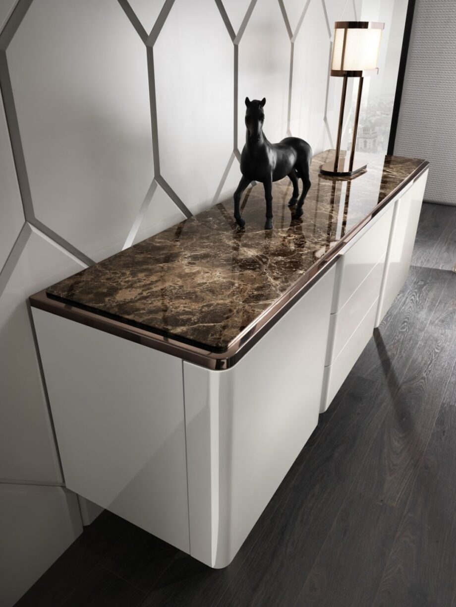 Elite sideboard | DV home. Luxurious Art Deco and Contemporary buffet with fluted design, premium leather/lacquer finishes, marble/walnut top, and stainless steel accents.