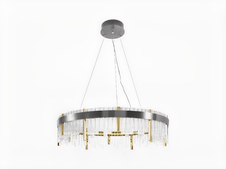 Elite Round chandelier | DV home. Luxurious Art Deco chandelier with a satin black nickel structure, hexagonal metal columns, and transparent canneté glass cylinders.