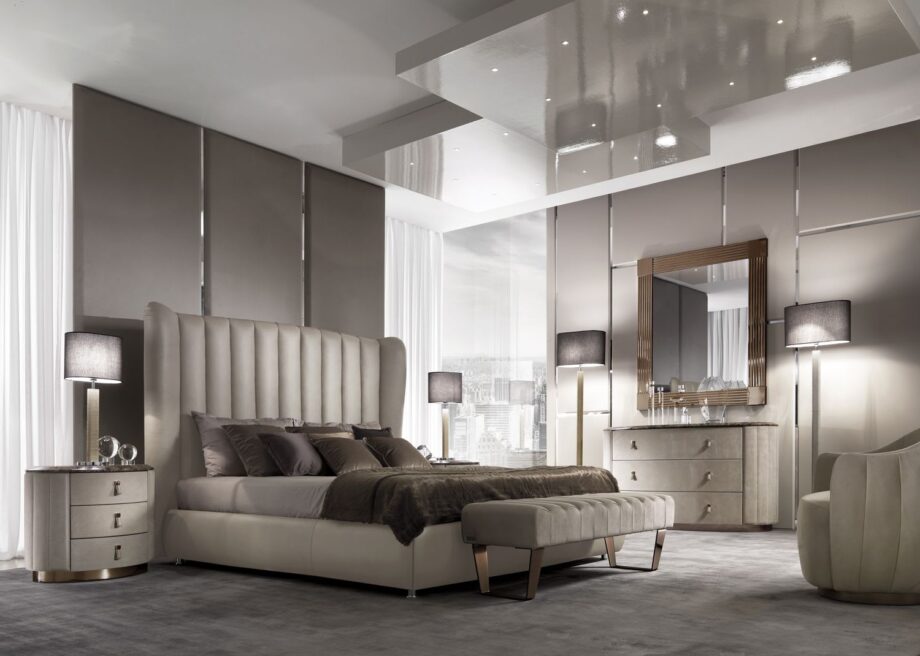 Adler floor lamp | DV home. Elegant floor lamp with a metal structure covered in alligator leather, chrome base, and a fabric shade, embodying luxury and contemporary design.