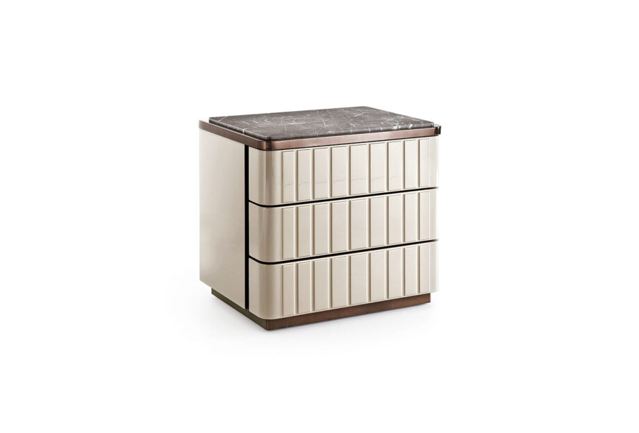 Elite bedside table | DV home. Art Deco bedside table with leather finish and marble top, offering elegance and functionality.