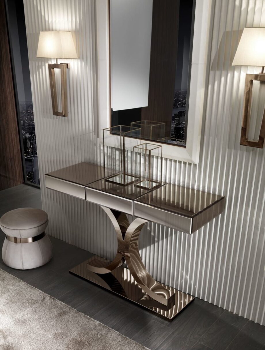 Kent Plus console | DV home. Luxurious Art Deco console with soft-close drawer, mirrored or wood top, and customizable stainless steel base.
