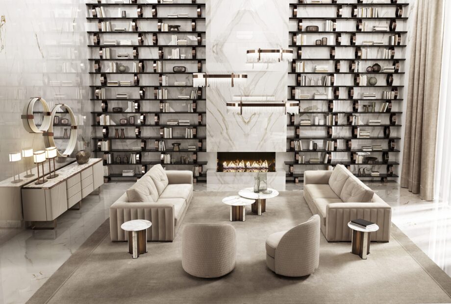 Ritz bookcase | DV home. Exquisite bookcase with geometric metal supports and versatile MDF shelves, embodying Art Deco luxury and Italian craftsmanship.