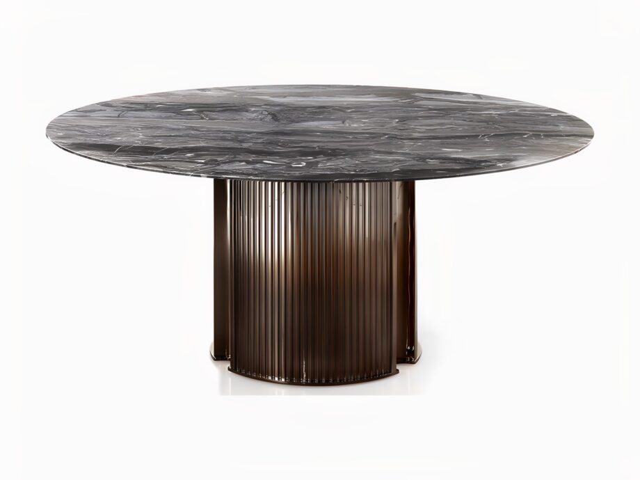 Windsor Round table | DV home. Exquisite round dining table featuring a luxurious base and a choice of rare marble or precious wood tops.