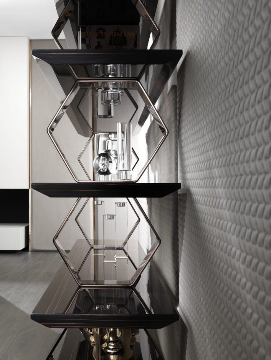 Ritz bookcase | DV home. Exquisite bookcase with geometric metal supports and versatile MDF shelves, embodying Art Deco luxury and Italian craftsmanship.