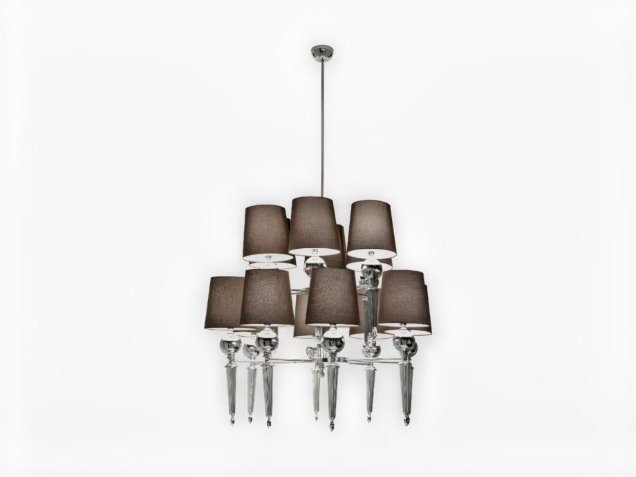 Douglas Plus chandelier | DV home. A luxurious Art Deco chandelier with a gleaming brass or chrome structure and elegant fabric shades, perfect for sophisticated interiors.