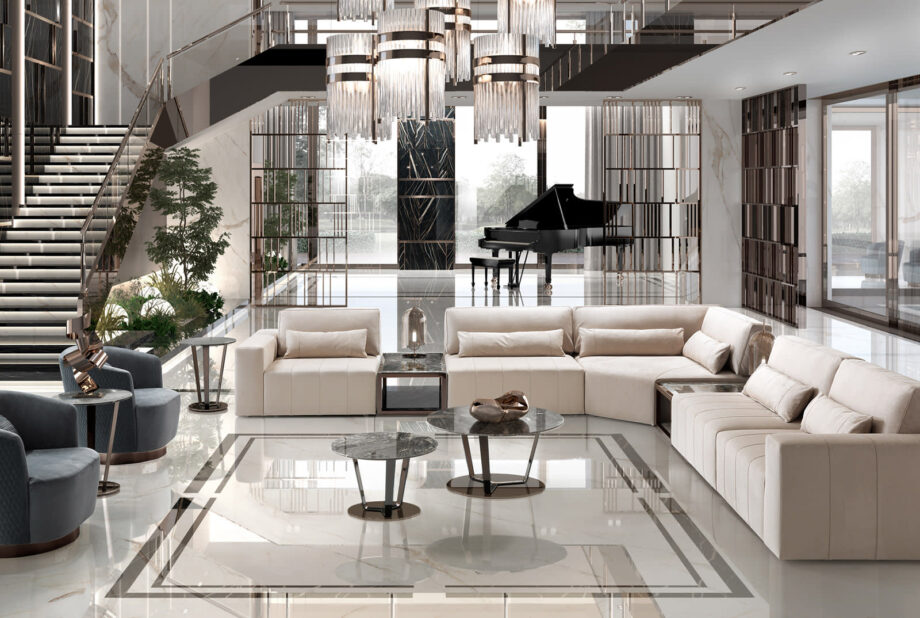 Soho coffee table | DV home. Luxurious handcrafted coffee table with a stainless steel base and a stunning marble or onyx top, available in multiple finishes.