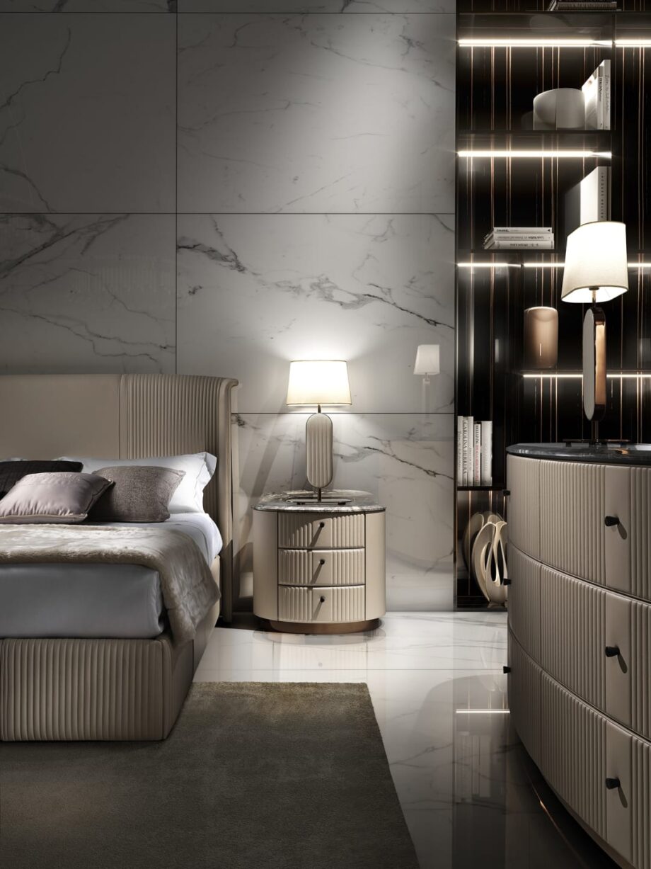 Charlotte bedside table | DV home. Handcrafted luxury night table with hexagon-patterned drawers, premium leather or walnut finishes, and a polished stainless steel base.