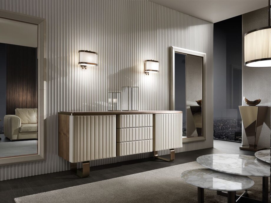 Elite sideboard | DV home. Luxurious Art Deco and Contemporary buffet with fluted design, premium leather/lacquer finishes, marble/walnut top, and stainless steel accents.