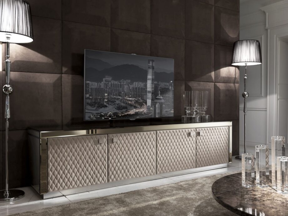 Envy tv furniture | DV home. Luxurious Art Deco TV unit with sophisticated design, mirrored facades, and functional shelving.