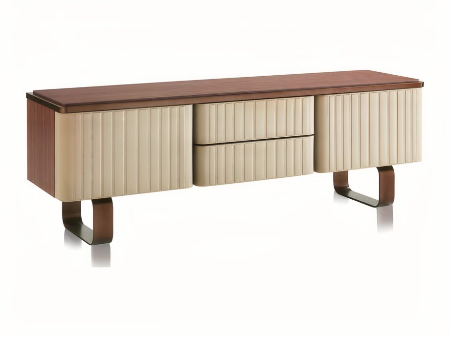 Elite tv furniture | DV home. Elegant Art Deco TV unit with sophisticated leather finish and striking metal legs.