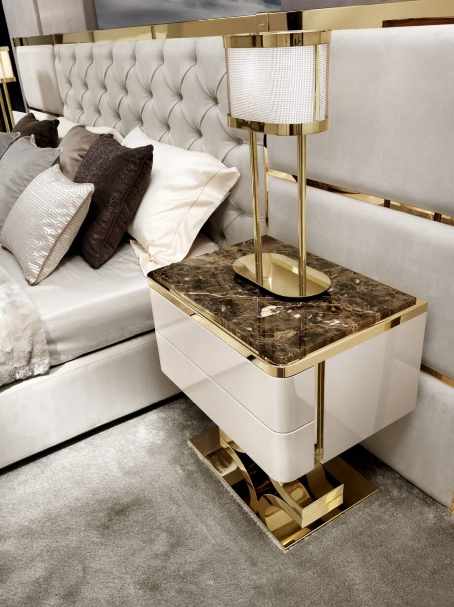 Kent bedside table | DV home. Luxurious Art Deco night table with premium finishes, soft-close drawers, and elegant marble or wood top, perfect for sophisticated bedrooms.