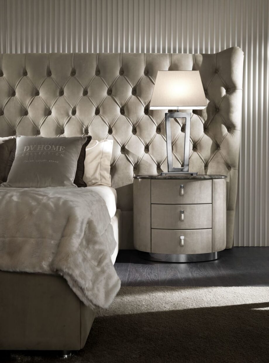 Vogue bedside table | DV home. An exquisite Art Deco nightstand with luxurious finishes and soft-close drawers, offering elegant storage and sophisticated style for any bedroom.