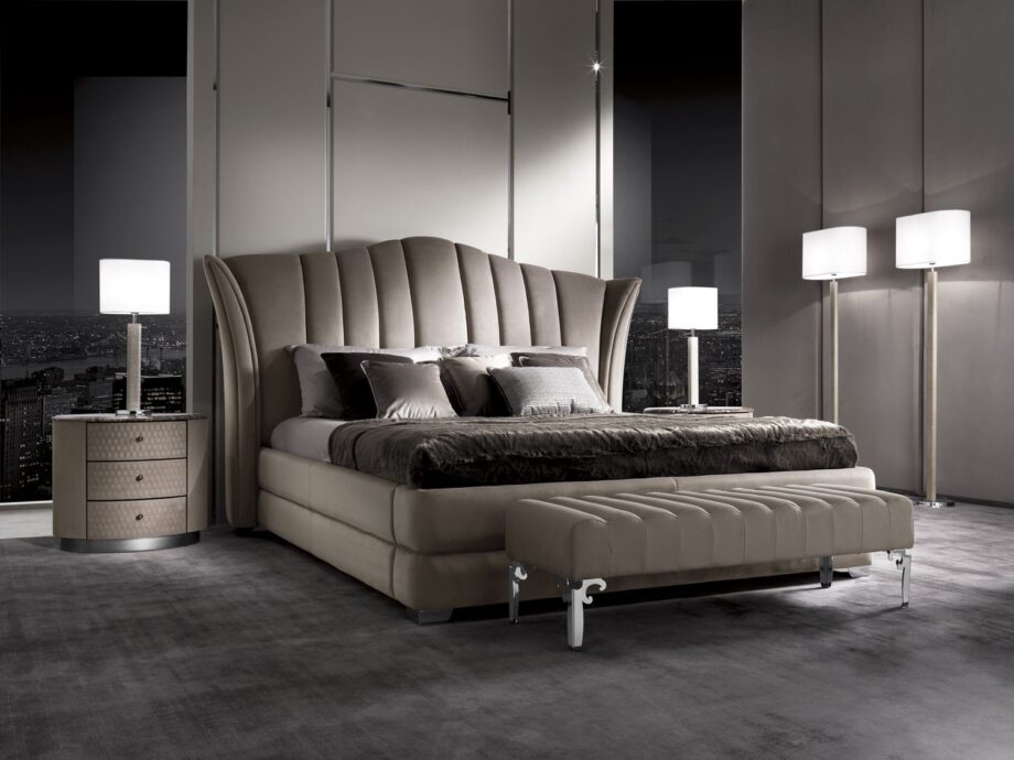 Post indoor benche | DV home. Hand-crafted Art Deco bench with tufted upholstery and shining chrome feet, offering luxurious custom seating.