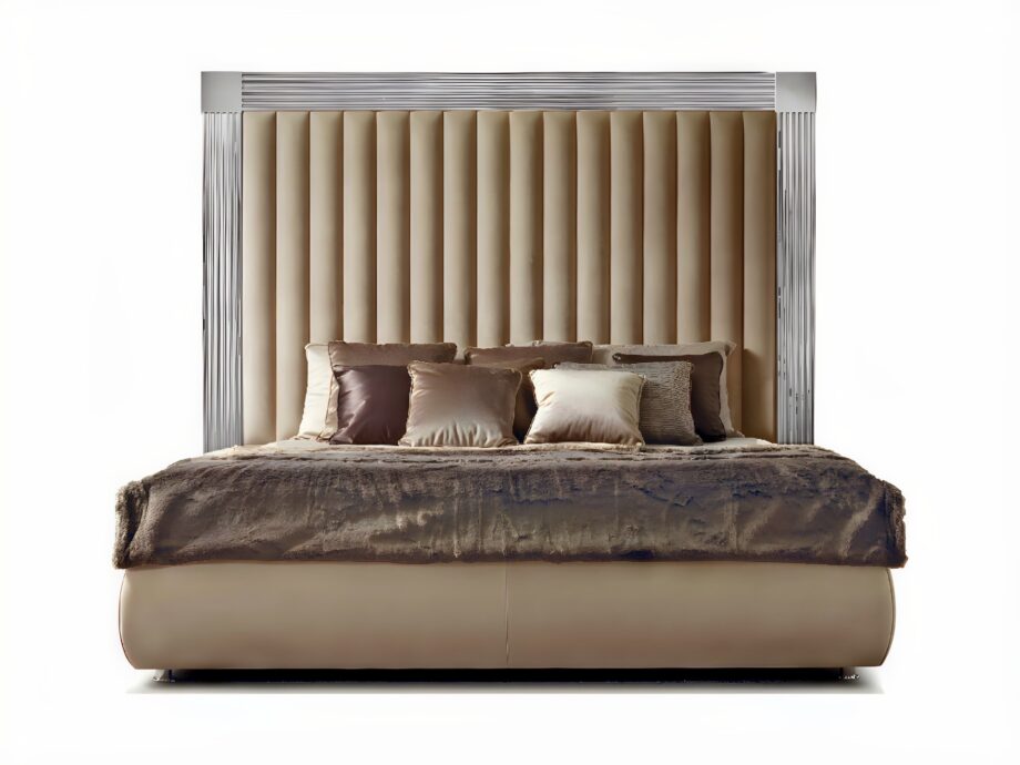 Windsor bed | DV home. Luxurious bed featuring a high, upholstered headboard and elegant stainless steel frame, offering unparalleled comfort.