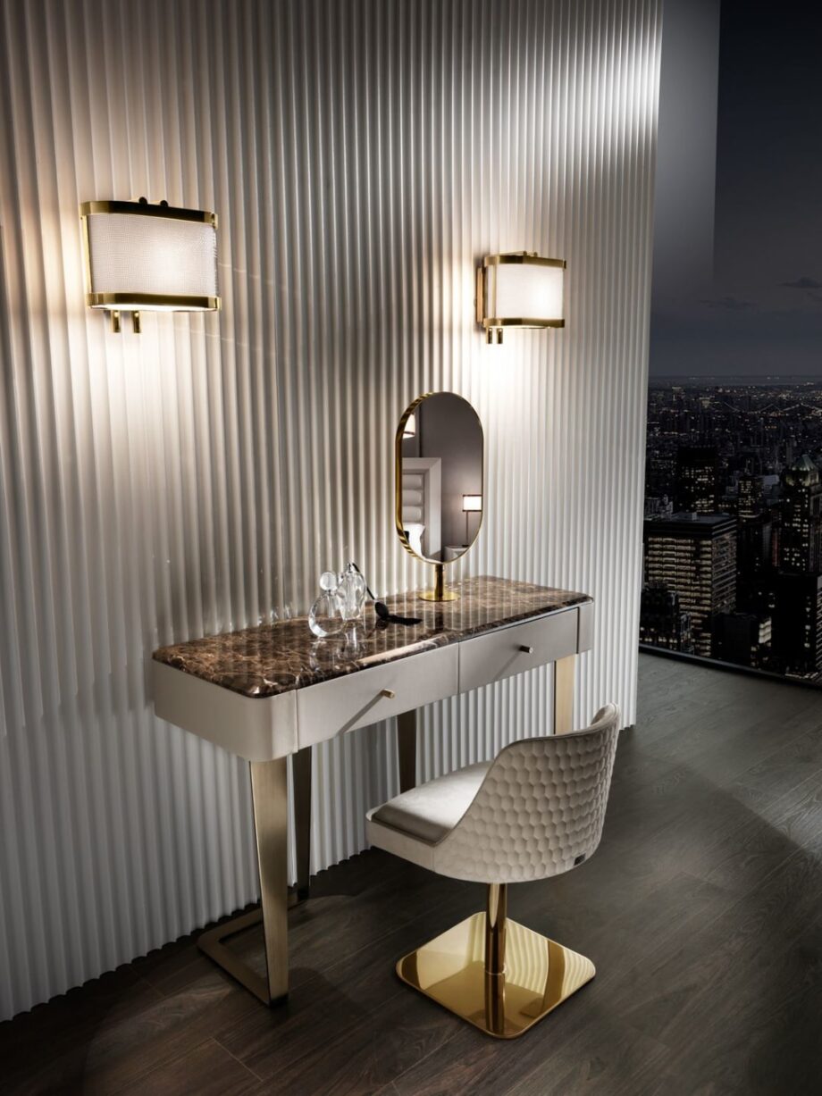 Ritz console | DV home. Luxurious Art Deco console with steel base, choice of lacquered or marble top, integrated mirror, and two drawers.