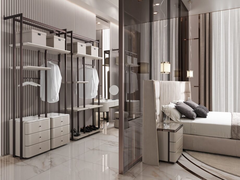 Hollywood closet | DV home. Luxurious Art Deco walk-in closet with brushed stainless steel structure and exquisite leather-covered shelves.