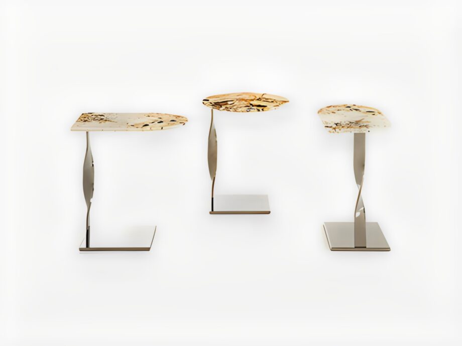 Globo coffee table | Rugiano. Elegant coffee/side table with twisted metal base and diverse wood, marble, or leather tops.