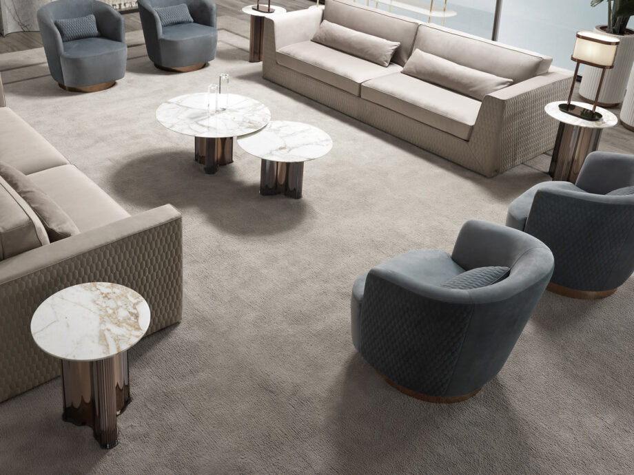 Manhattan coffee table | DV home. Elegant coffee table featuring a marble top and a distinctive leather and stainless steel base.